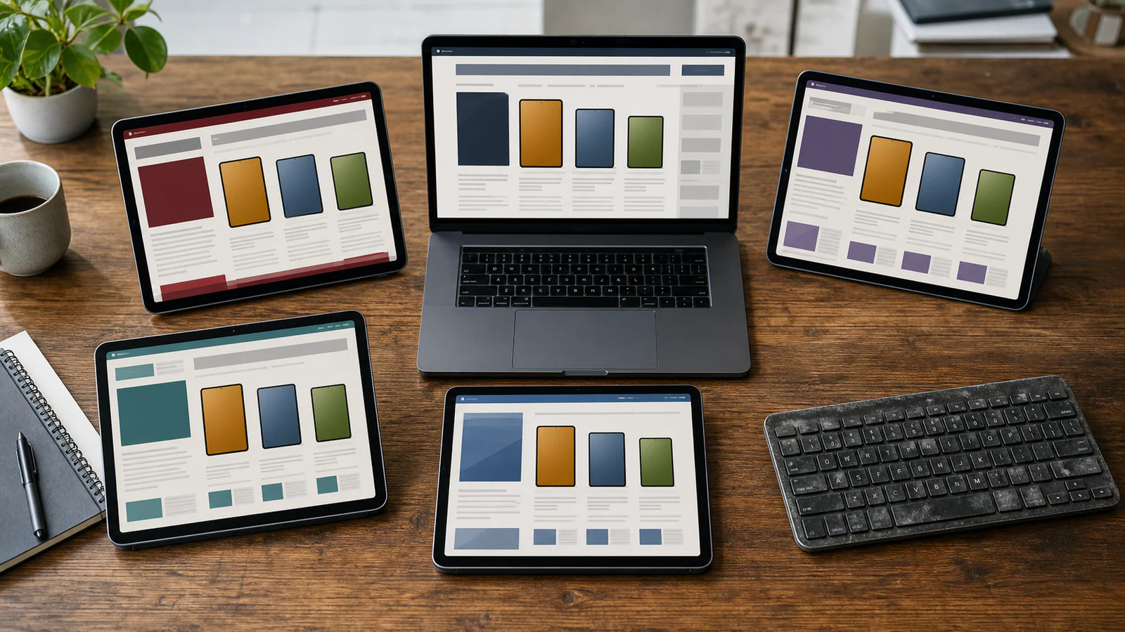 Five different product-ranking pages showing the same three products in the same order beside an omitted used keyboard