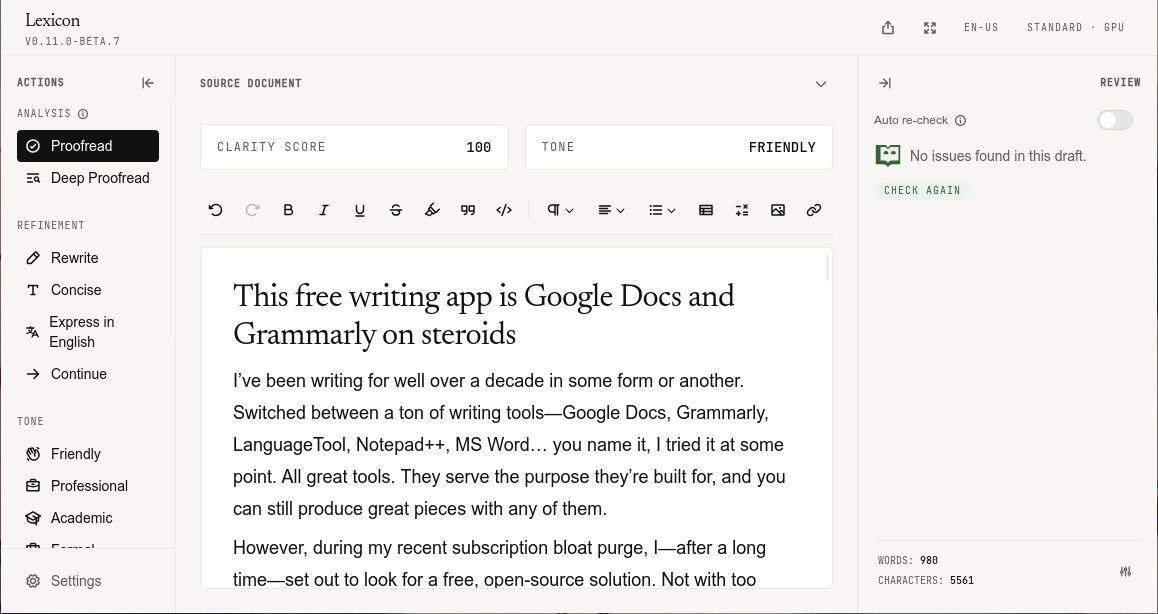 The Lexicon editor, version 0.11.0 beta 7, with this article’s draft open. The left sidebar lists Proofread, Deep Proofread, Rewrite, Concise and tone tools; the review panel on the right reads “No issues found in this draft.”